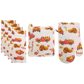 Vintage Red Truck Pumpkin and Leaf with Fall Sentiment Thanksgiving, Together Set of 6, Kitchen Towels Set 4 Kitchen Towels, Potholder, Oven Mitt.