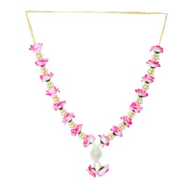 Artificial Mala Rose Flowers Ribbon Garland Haar Idol with Beads for God Statues Accessories Pooja Sringar Articles Ornament for Indian Traditional Festival God Idol Frame Decoration(Size:-14")(Pink)