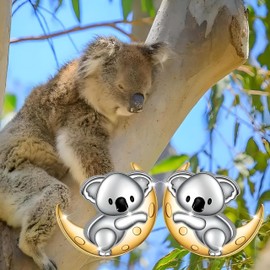 Heart-Shaped Animal Dangle Earrings, Monkey and Koala, Stainless Steel with Rhinestones, Banana Charm, Birthday or Party Gift (Koala)