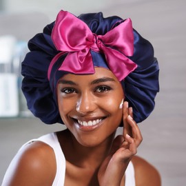 Hebenie Satin Bonnet for Sleeping, Silk Hair Wrap Night Cap with Tie Band - Large Size, Double Layer, Perfect for Women Navy