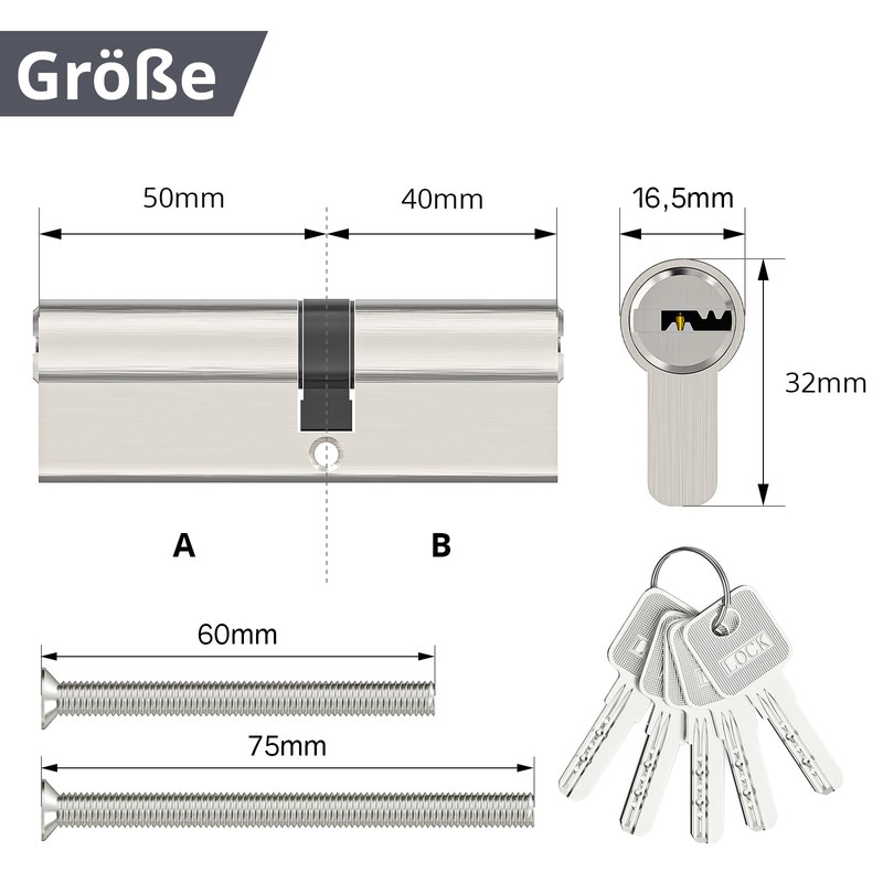 MANICAF Lock Cylinder 40/50 Cylinder Lock with 5 Keys, Profile