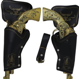 FIESTAS GUIRCA | Fondina Doppia con Pistole Finte (29 cm) - Accessorio per Costume da Cowboy del West Texas Sceriffo Carnevale Halloween Adulto Bambino - Marrone Oro