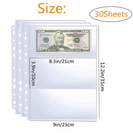 30Pcs Paper Money Collection Supplies Pages，3 Pockets 11 Hole Currency Collection Sleeves,Bill Banknotes Protector Pages for Collectors, Foreign Currency Stamp Paper Souvenirs Storage