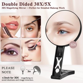 Magnifying Mirror 30X/5X Double Sided Hand Mirror, Precision Makeup at 30X Magnification & Overall View at 5X，Travel Handheld Magnified Makeup Mirror with Handle & Table Stand, Vanity Cosmetic Mirror