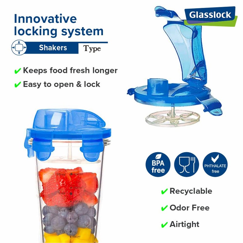 Glasslock, Shaker with Transparent Lid, Measuring Scale and Strainer, 450