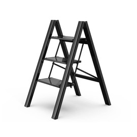GameGem 3 Step Ladder, Aluminum Folding Step Stool with Anti-Slip Sturdy and Wide Pedal, Lightweight Portable Stepladder for Home and Kitchen Use Space Saving, Black, 330 lbs