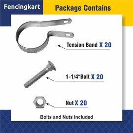 FENCINGKART Galvanized Tension Band for Chain Link Fence, 1-5/8" inch, with Nuts & Bolts, 20 Pieces (Silver Galvanized, 1-5/8")
