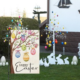 Louise Maelys Happy Easter Garden Flag Welcome Easter Egg Tree 12x18 Inch Double Sided Small Burlap Spring Holiday Yard Outdoor Sign Outside Home House Decoration (ONLY FLAG)