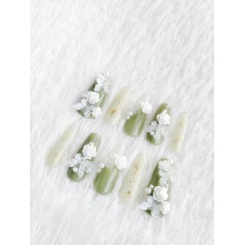 Generic Press on nail Fashion Frech Style Full Cover Thick False Nails with Jelly Sticker and Glue. 10Pcs/Box, Easy to wear and remove (Rose Butterfly Pearl Forest Green, small)