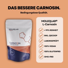 MoleQlar® L-Carnosine Powder High Dose 30 g Pure Vegan Carnosine Powder 1000 mg L-Carnosine per Serving Against AGE's and ALE's Includes Dosing Spoon Certified Purity