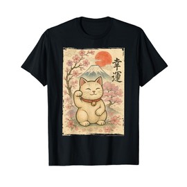 Japanese Anime Maneki Neko Waving Cat Good Luck Kanji Lucky T-Shirt