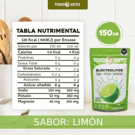 Electrolitos en Polvo Todo Keto 150g 30 Porciones Con Stevia Sin Azúcar Sodio, Potasio y Magnesio Sin Edulcorantes Artificialies Sin Colorantes Runners, Ciclismo y Gym (limón)