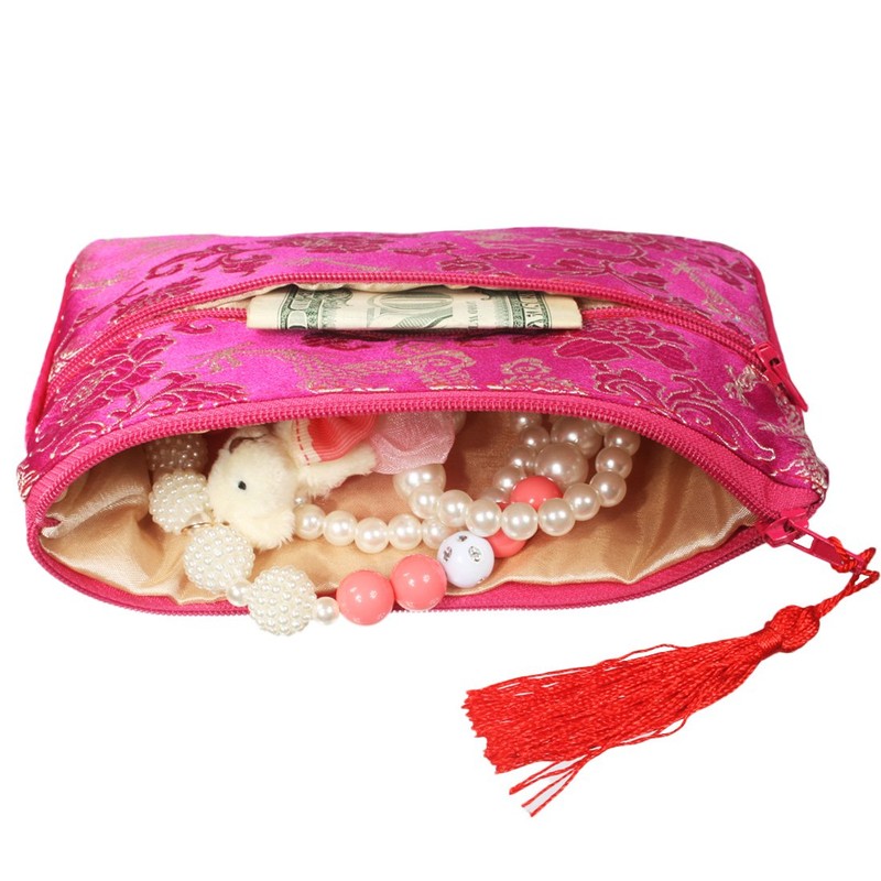 kilofly 2 pc Chinese Silk Brocade 2 Zipper Pocket Tassel