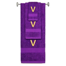 Custom Embroidered Terry Cotton Ring Spun Bath Towel, Hand Towel and Washcloth Set - Purple Towel Set, Gold Block Initial V