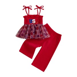 Kuriozud 4th of July Outfit Baby Girl Smocked Tank Top+Wide Leg Pants Set Kids Toddler Girl Fourth of July Clothes (4th July USA Tutu Red, 2-3T)