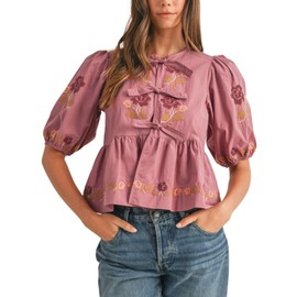 Joiemont Womens Short Puff Sleeve Floral Embroidery Poplin Front Self Tie Detail Peplum Top Blouse(0651-Pink-M)