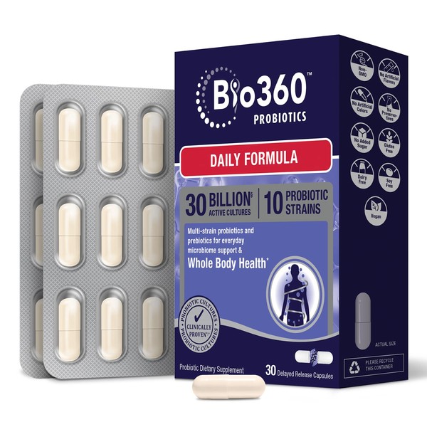 Bio360 Probiotic, Enhanced Daily Formula, Prebiotics and Probiotics for Women & Men, 30 Billion CFU 10 Strains to Support Occasional Constipation, Diarrhea & Bloating, 30 Vegan Supplements