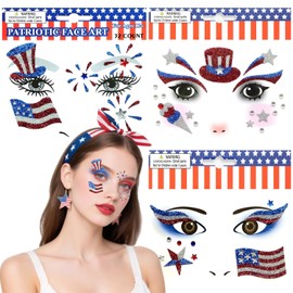 4th of July Face Gems Set,Glitter USA Flag Face Jewels Stick on Face Patriotic Eye Gems Face Stickers for Women, Body Eyes Face Tattoos Sticker for Independence Day Party Festival Accessor 3 Sheet