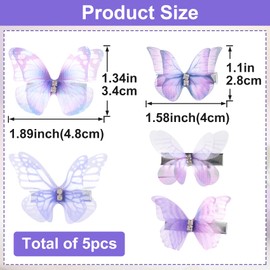 BEIQIYA 5pcs Butterfly Hair Clips, Non-Slip Organza Hairpins, Purple Gradient Rhinestone Hair Barrettes Accessories for Women Thick Thin Fine Curly Straight Long Short Hairstyles
