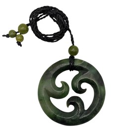 81stgeneration Women's Men's Carved Nephrite Jade Round Disc Triple Koru Fern Frond Pendant Necklace