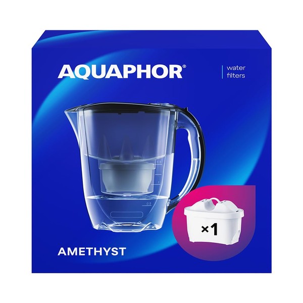 AQUAPHOR Water Filter Jug Amethyst Black 1 X MAXFOR+ Filter Included I Capacity 2.8l I Fits in the fridge door I Reduces Limescale Chlorine & Microplastics