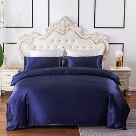 Navy Bedding Queen Silk Like Satin Duvet Cover Set Dark Blue Silky Comforter Cover Soft Honeymoon Hotel Bedding Collection for Adult Bedroom Decorative,2 Pillow Shams,Zipper,Lightweight Brushed,Double
