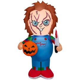 Gemmy Airblown Inflatable Stylized Chucky Holding Pumpkin Universal, 3.5 ft Tall, Multicolored