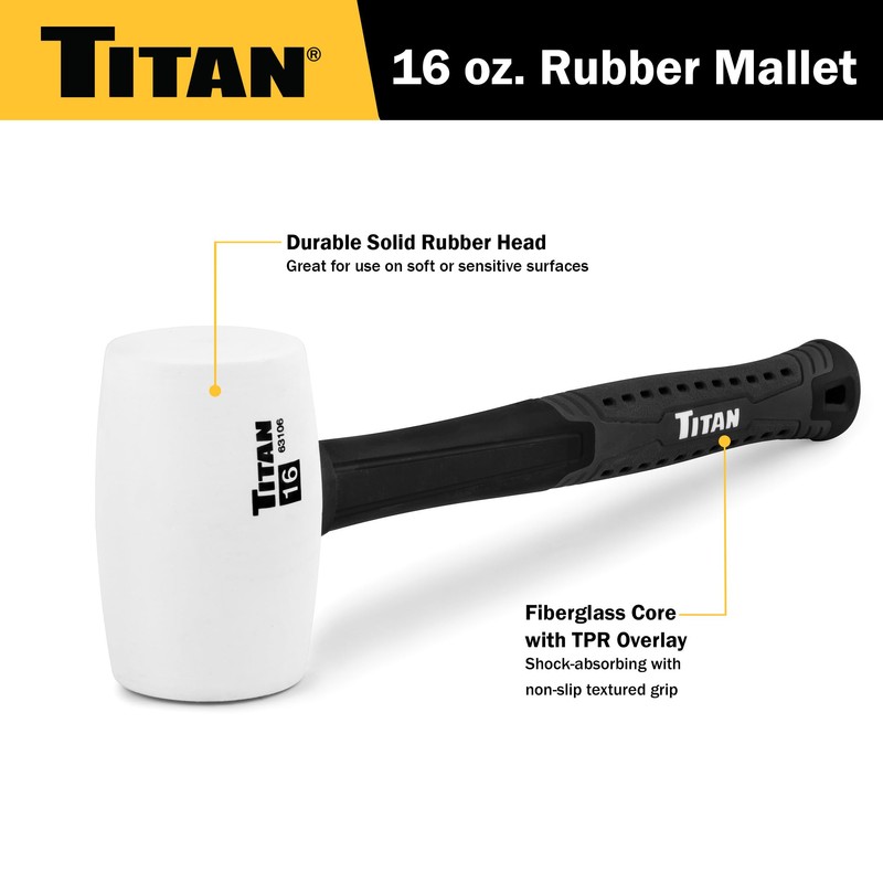 Titan 63106 16oz White Rubber Mallet, Non-marking Double-faced Solid Head,