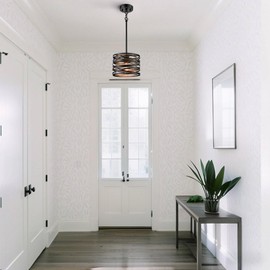SHAWNKEY Industrial 1-Light Black Pendant Light with Wood Grain Finish