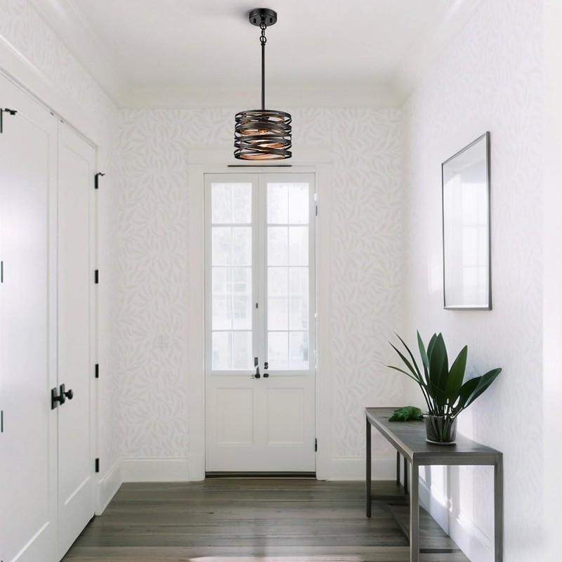 SHAWNKEY Industrial 1-Light Black Pendant Light with Wood Grain Finish