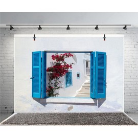 CSFOTO 6x4ft Background for Blue Shutters Opened View Photography Backdrop Traditional Architecture of Oia Village Landmark Mediterranean Resort Vacation Tour Photo Studio Props Polyester Wallpaper