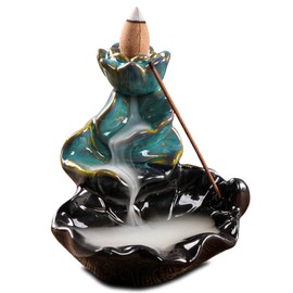 ZONSUSE Lotus Backflow Waterfall Incense Burner, Lotus Leaf Ceramic Incense Stick Holder, Landscape Backflow Incense Burner, Aromatherapy Burner for Office, Home, Bedroom, Yoga Decoration (Lotus)