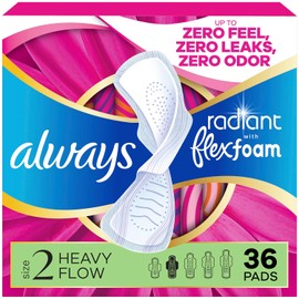 Always Radiant FlexFoam Almohadillas para mujer, talla 2, pesadas con alas, aroma ligero y limpio, 36 unidades