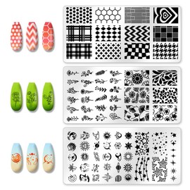 beinkmake 3Pcs Mix Design Nail Stamping Plate Flowers Star Nail Stamping Templates French Line Tip Nail Art Stamp Plates Sun Moon Image Plate Stainless Steel DIY Reusable Tools for Manicure Printing