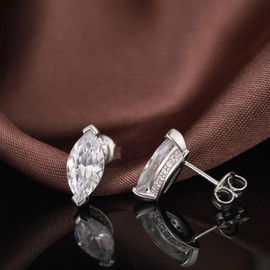 JiaYangJY Sterling Silver Marquise Diamond Stud Earrings for Women Men 18K White Gold Plated Small Size Horse Eyes Shape CZ Posts Dainty Friction Back Stud Earring