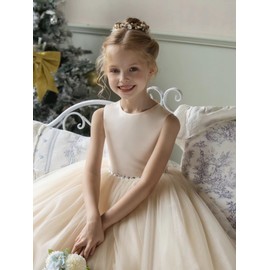 MCieloLuna Lovely Satin Tulle Flower Girl Dresses for Wedding Bow-Knot Crystal Belt Floor Length Princess Pageant Baptism First Communion Dress Ivory 06