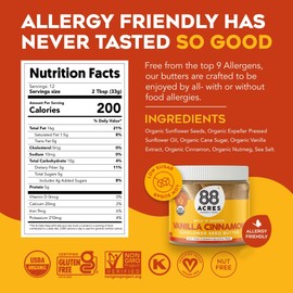 88 Acres Organic Sunflower Seed Butter, Vanilla Cinnamon, 14 oz Jar, 2 Pack, Butter Spread with 5g Plant-Based Protein, Gluten Free, Nut Free, Vegan, Non-GMO