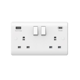 Securlec double USB wall socket in white - switched double plug socket - USB A + C charger - 13A 250V electrical wall socket -2 gang curved edge socket.