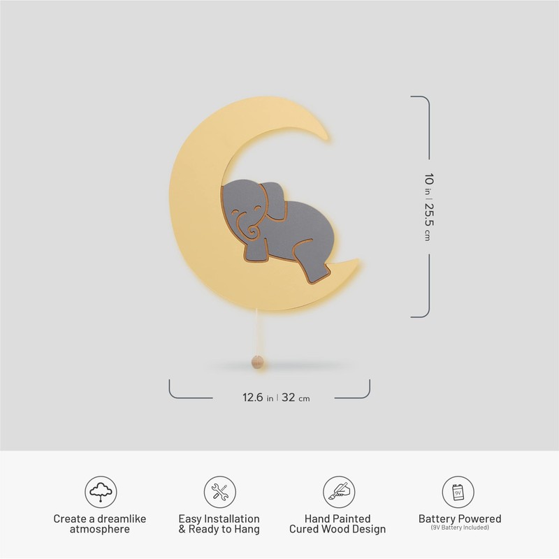 Lumipets Lighted Elephant on Moon, Nursery Night Light, Wall Mounted