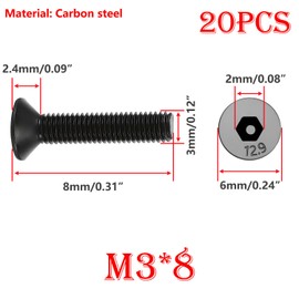 Qrity 20 PCS Socket Countersunk Screw, 12.9 Grade High Tensile Carbon Steel Countersunk Bolts, Flat Head Screw M3x8mm Machine Screws