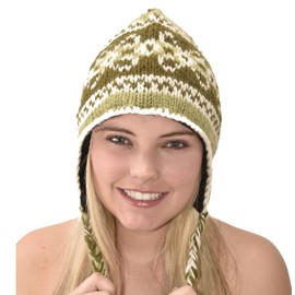 Hand Knitted 100% Merino Wool Ear Flap Snowboard Ski Chullo Peruvian Style Nepal Himalayan Sherpa Earflap Fleece Lined Winter Beanie Hat Green