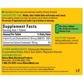 Vitamin D3, 220 Tablets, Vitamin D 2000 IU (50 mcg) Helps Support Immune Health, Strong Bones and Teeth, & Muscle Function, 250% of Daily Value for Vitamin D in One Daily Tablet