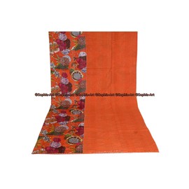 Sophia-Art Twin/King Indian Fruit Reversible Bedspread Pattern Gudri Pure Cotton Kantha Style Quilt Floral Fruit Print Decorative Kantha Stitch Quilt (Orange, Twin 60 * 90 Inches)