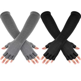 Geyoga 2 Pairs Winter Fingerless Gloves Long Thermal Knitted Mittens Stretchy Arm Warmers Half Finger Gloves for Men Women, 11 Inch (Black, Light Gray)
