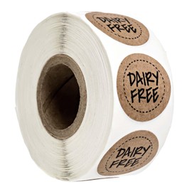 Brown Kraft Dairy Free Stickers / 500 Food Allergy Label Roll / 1" Small Round Vegan Milk Lactose Free Labels/Made in The USA