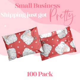 Pretty Package Store 10x13 Designer Christmas Holiday Poly Mailer 100 Pack Heavy Duty Waterproof Self Seal Shipping Bags Large Mailing Envelopes Bulk Tear Resistant Cute Packaging Red Santa