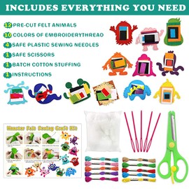 Cosysparks Sewing Kit Children's Monsters, 12 Pack Craft Sets for Children, Sewing Kit, Beginners, Fun, DIY, Educational Sewing Craft Gift with Sewing Tools for Boys Girls (Monster)