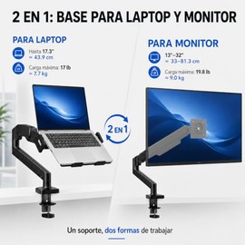 2 en 1 Brazo para Laptop y Monitor, Soporte para Laptop con Bandeja Ventilada, Hasta monitores de 1332 y laptops de hasta 17, Soporta 2-9 kg, Soporte 