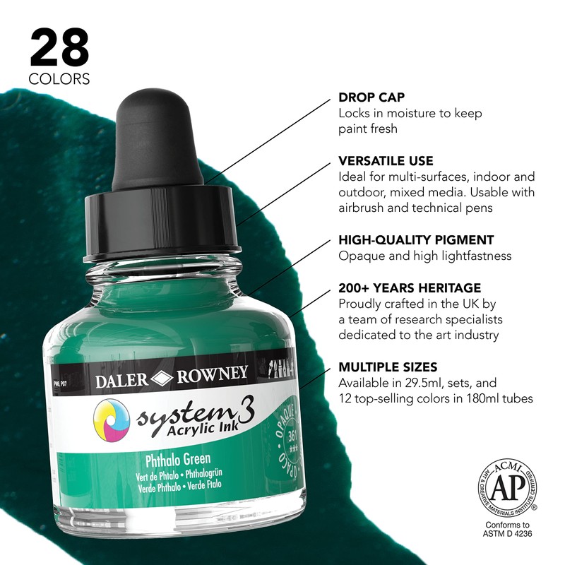 Daler-Rowney System3 Acrylic Ink Bottle Phthalo Green 29.5ml - Versatile