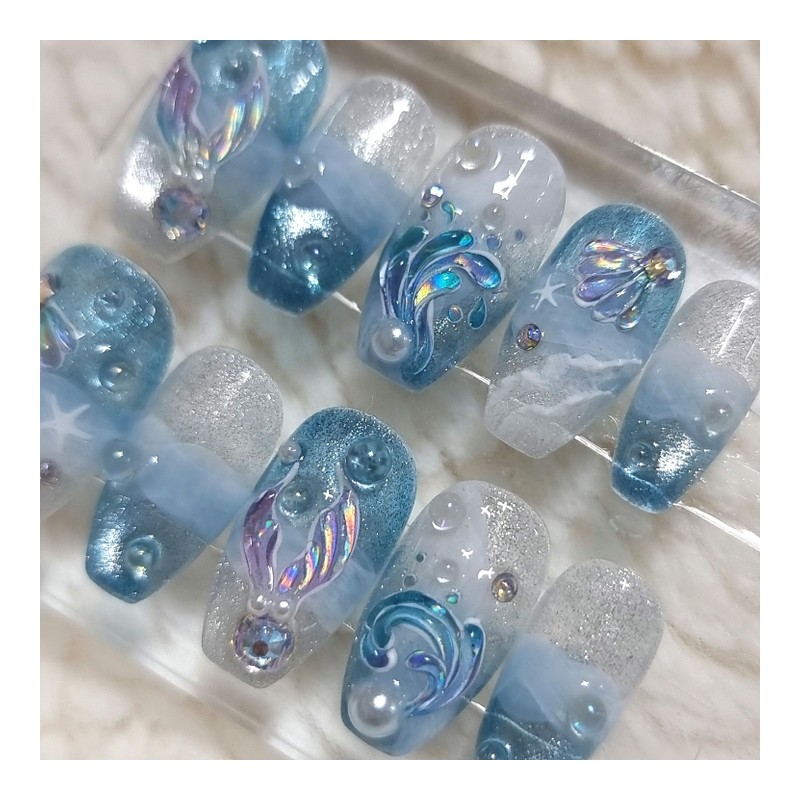 Mermaid Tail Handmade Nail Tips - Short Square / 머메이드